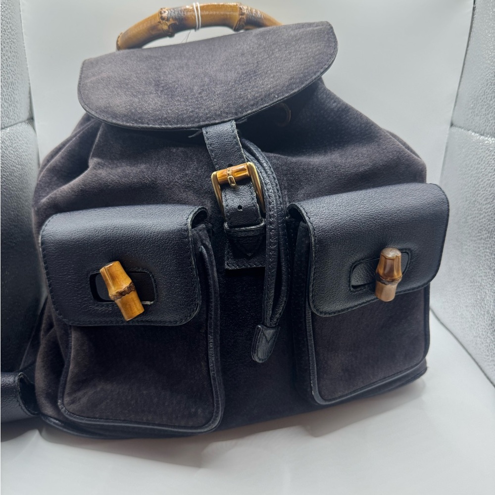Gucci Bamboo Navy Blue Leather and Suede Backpack